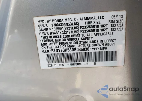 2013 Honda Pilot Exl z USA, uszkodzony, nr VIN 5FNYF3H58DB036030